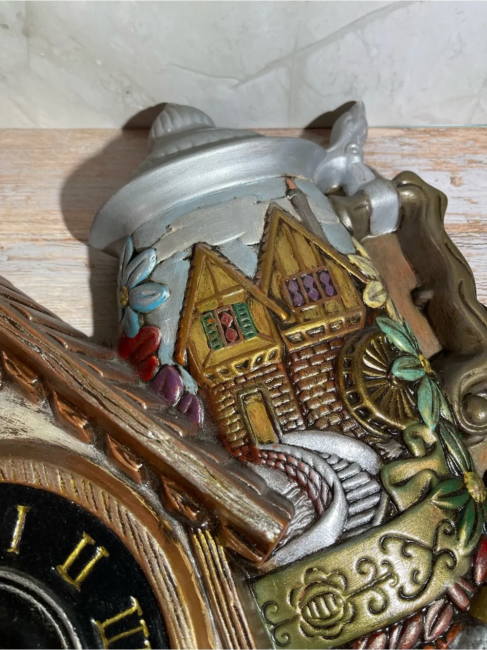 German Alpine Chalet Beer Stein Ceramic Grandfather Clock Vintage